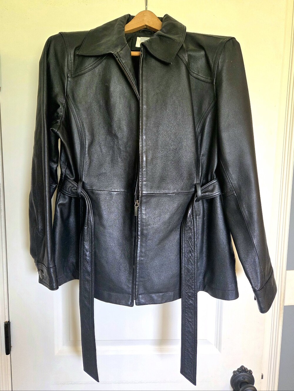 East 5th Black Leather Zip-Front Jacket with Waist Ties